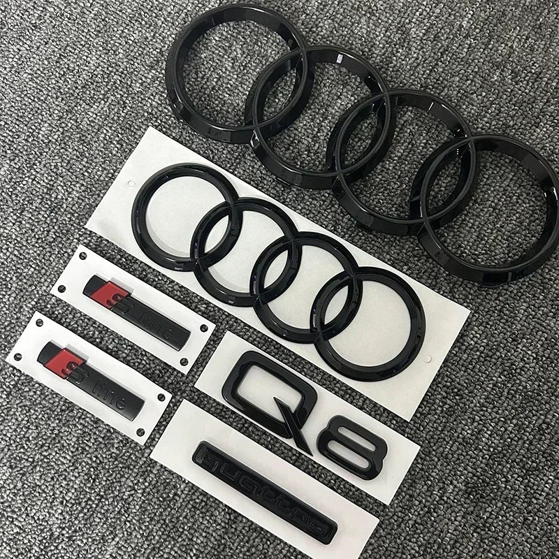 AUDI Q8 4-Ring logo ABS Black Car Hood Front Grill Emblem Rear Trunk Badge Q8 Sticker Quarrto Sline Emblem For Q8 2018-2024