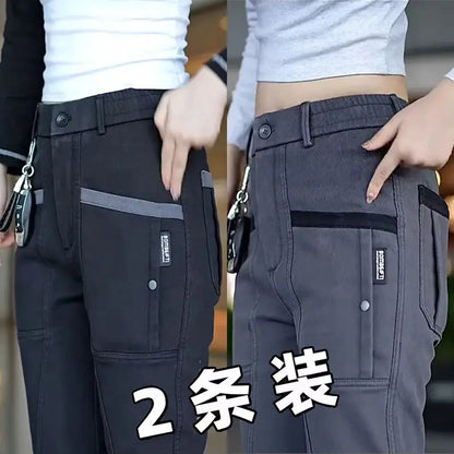 Men's Workwear Pants Elastic Waist Multi-Pocket Straight Leg Autumn Winter Durable Polyester Fiber Casual Trousers