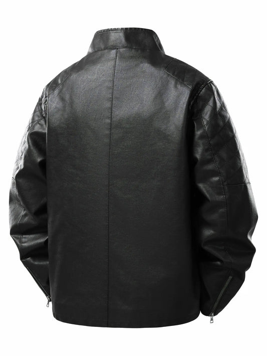 Men's Stand-Up Collar Leather Jacket, Vintage Style, Windproof and Neck-Protecting, Suitable for Outdoor Light Activities, Layering in Autumn and Winter, Casual Outings, Wearing at Home, Warm-Up for Sports, Short Trips
