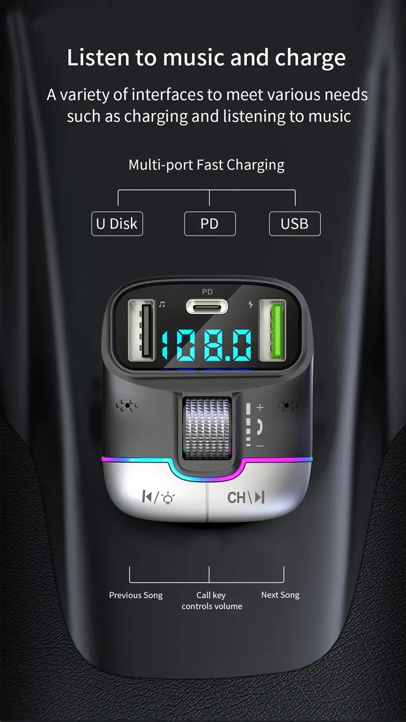 FM Transmitter Bluetooth 5.4 Hands-Free Portable Car AUX Radio Modulator MP3 Player with Fast Charging Adapter