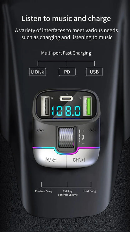 FM Transmitter Bluetooth 5.4 Hands-Free Portable Car AUX Radio Modulator MP3 Player with Fast Charging Adapter