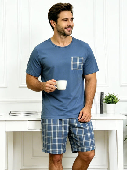 Men's Stylish Pajama 2Pcs pajama Set Short Sleeve And Plaid Shorts Comfortable Soft Sleepware Loungewear Can Be Worn Outside Pjs