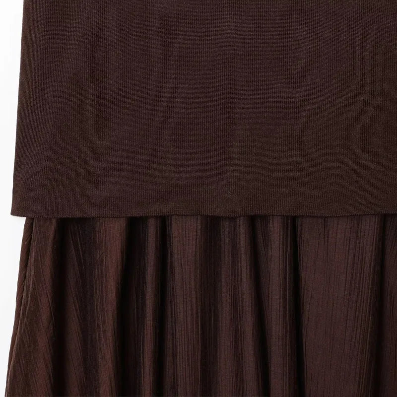 HXAO One Piece Women's Summer Dress Long Knitted Elegant Party Dresses Splicing Pleats Chiffon Short-Sleeved Casual Female Dress