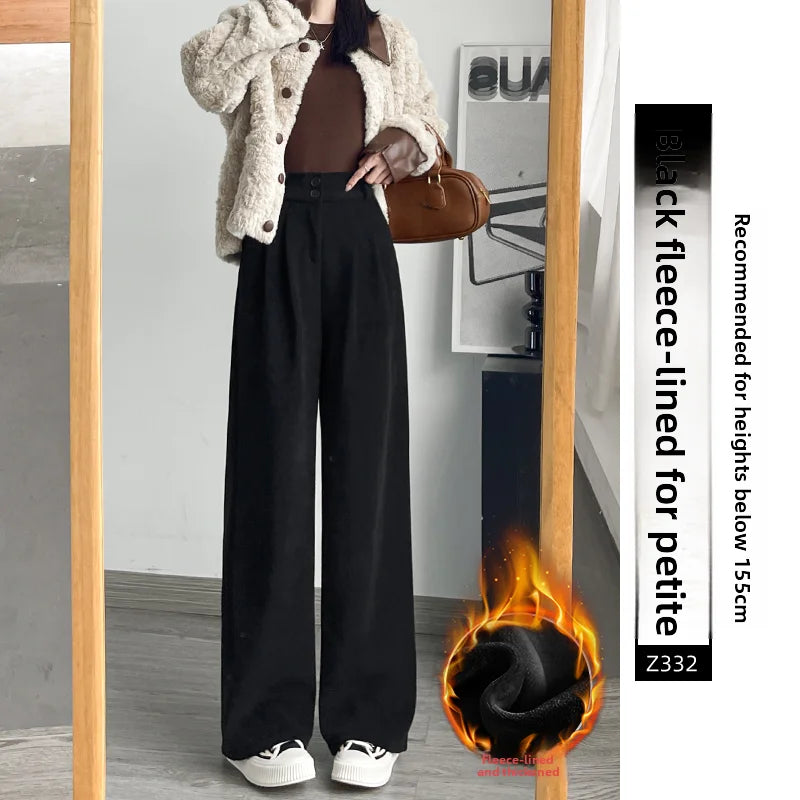 White Corduroy Wide Leg Pants Women's Autumn Winter Slim Straight Drapey Small Size Fleece Lined Suit Trousers