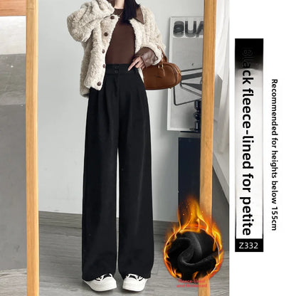 White Corduroy Wide Leg Pants Women's Autumn Winter Slim Straight Drapey Small Size Fleece Lined Suit Trousers