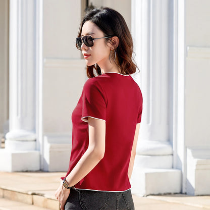 Women Fashion Contrast Edge Button Down T-Shirt Short Sleeve Round Neck Slim Fit Solid Color Casual Summer Blouse Female Tops