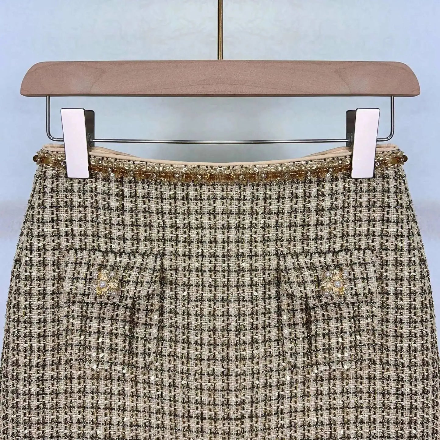Autumn Winter Small Fragrant Style Gold Plaid Coarse Knitted Two Piece Set Women Suit Coat Tweed Jackets Midi Long Skirts Sets