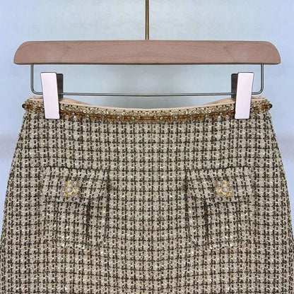 Autumn Winter Small Fragrant Style Gold Plaid Coarse Knitted Two Piece Set Women Suit Coat Tweed Jackets Midi Long Skirts Sets