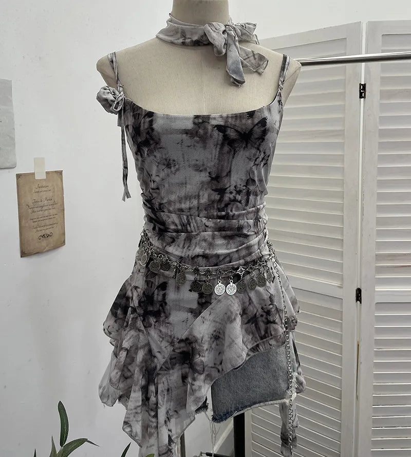 Women's Vintage Tie-dye Printed Mesh Spaghetti Strap Camisole Hot Girl Irregular Ruffled Ribbon Sleeveless Top Partyclub 1185