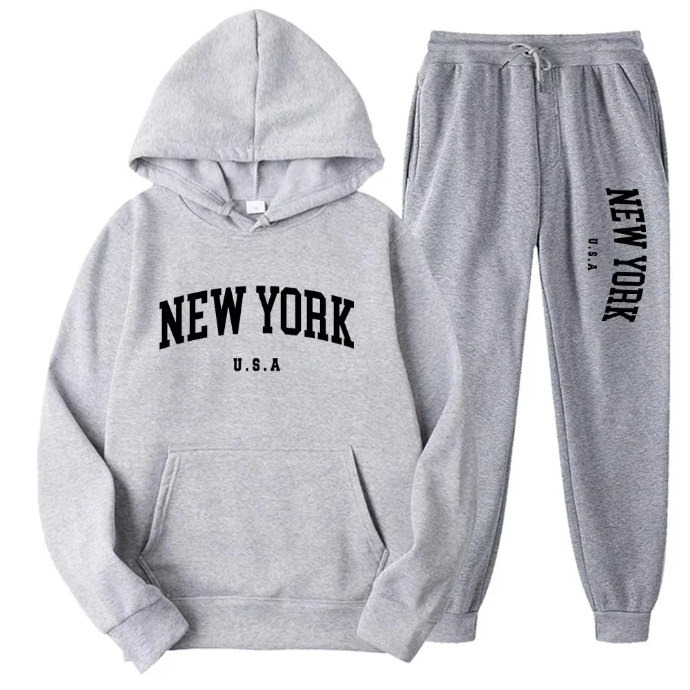 New York Print Hoodies Casual American Style Hoodie Set Mens Autumn Long Sleeves Hooded Loose Pullover Street Sweatshirt