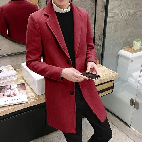 Mens Long Cotton Coat spring autumn New Wool Blend Pure Color Slim Casual Business Fashion Mens Clothing Slim Windbreaker Jacket