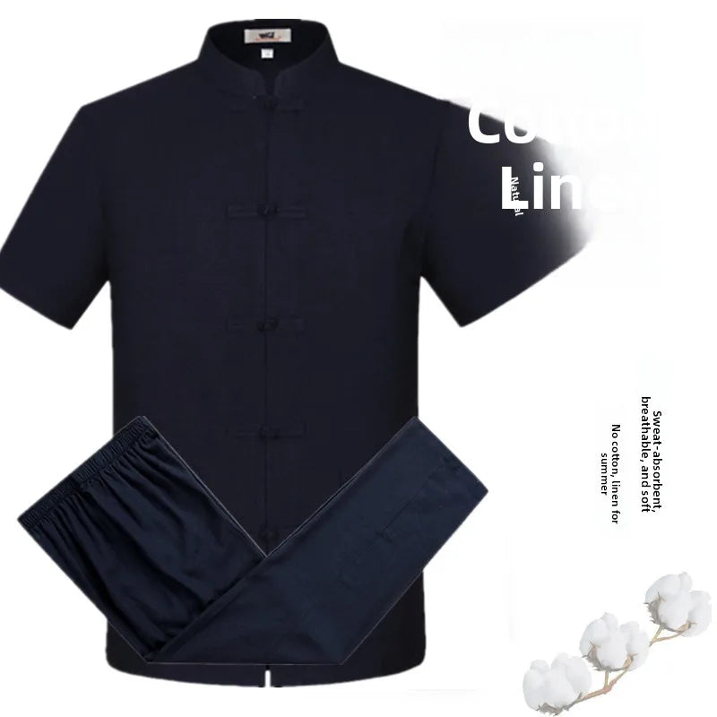 Spring Summer Large Size Linen Cotton Men's Tang Suit Ethnic Style Hanfu Set Home Wear Comfortable Loose Fit Traditional Chin...