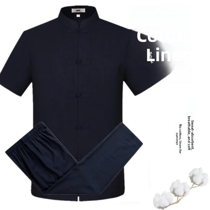Spring Summer Large Size Linen Cotton Men's Tang Suit Ethnic Style Hanfu Set Home Wear Comfortable Loose Fit Traditional Chin...