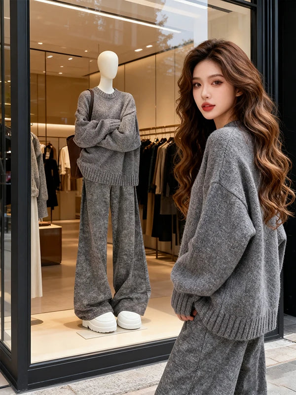 Korean Style Lazy Fashion Women's High-End Knitted Sweater And Wide Leg Pants Two-Piece Set Straight Cut Casual Outfit