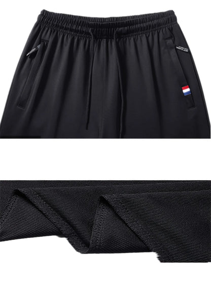 2-piece Black Pants Autumn Men's Stretch Belt Zipper Pocket Jogging Elastic Cotton Fitness Sport Suitable Gym Hiking Daily Wear