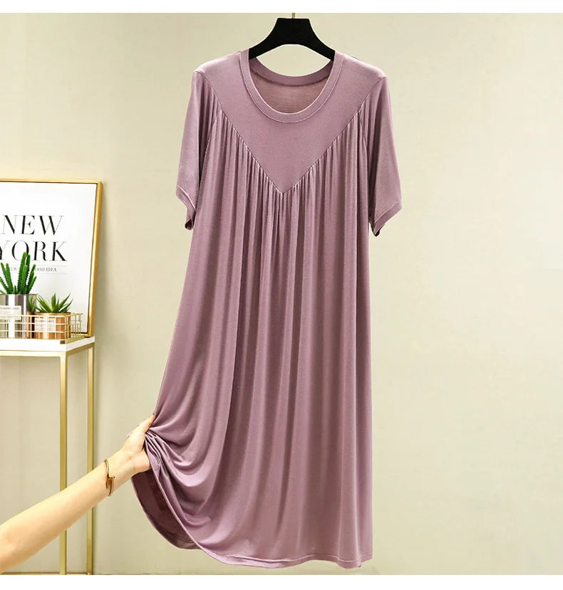Loose plus Size Sp Dr Modal Women's Summer Thin Home Gown Skirt Sle round Ne ort Sve Long Dr Korean Sle