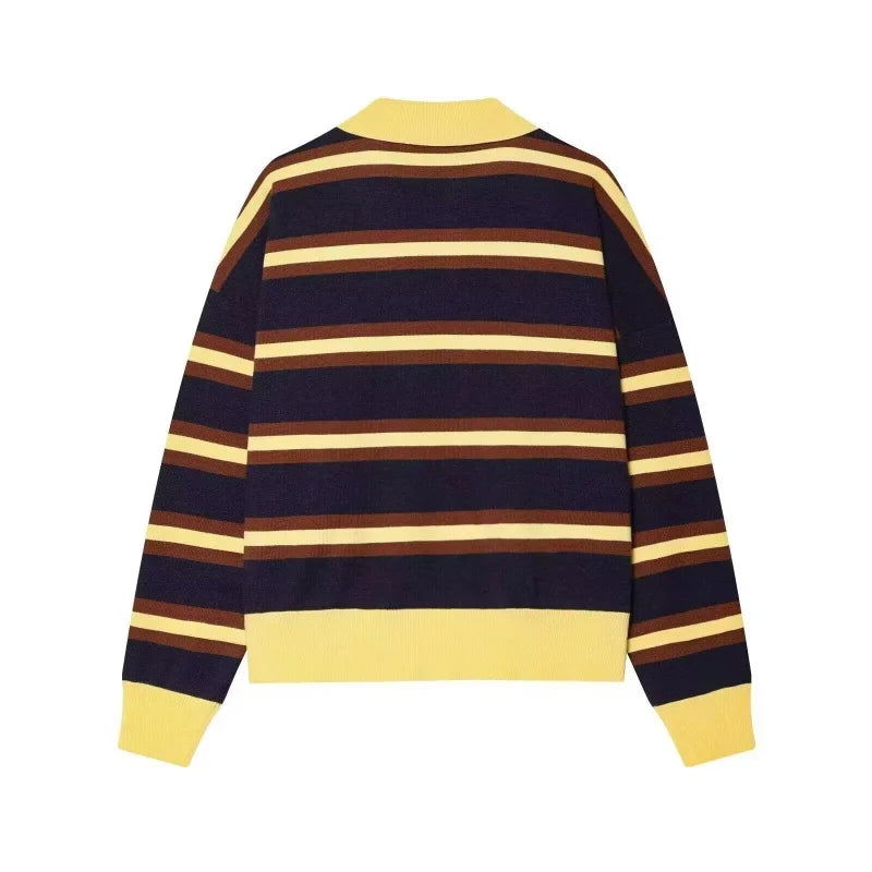 Autumn Winter Polo Collar Long Sleeve Striped Knitted Pullover Tops Women Buttons Decoration Sweater Female Casual Fashion Wear