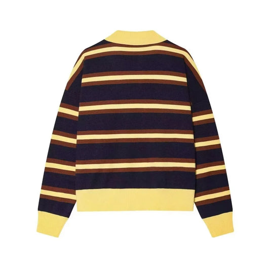 Autumn Winter Polo Collar Long Sleeve Striped Knitted Pullover Tops Women Buttons Decoration Sweater Female Casual Fashion Wear