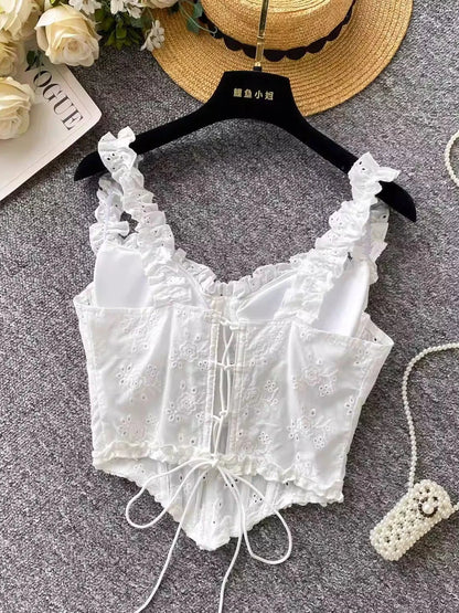 Sweet Heavy Embroidery Hollow out Strap Vest Women Summer Pure Desire Spicy Fibone Slimming Top Women's Faion Outfit