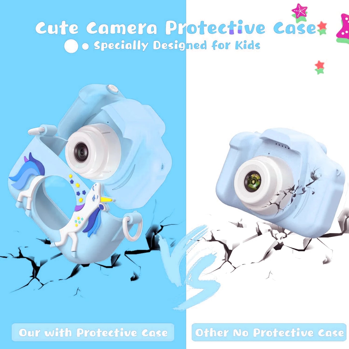 48MP Blue Unicorn Kids Camera 2.0" 16X Zoom Digital Video Recorder with Games Anti-Drop Toy Camera Gift for Boys Girls 3-12