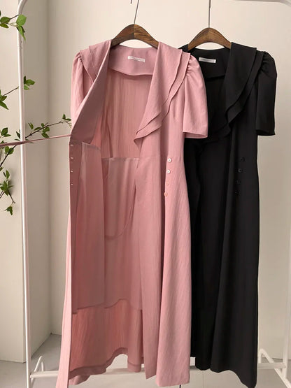 Retro Double Layered Collar Bubble Sleeve  Dress Elegant Short Sleeve V Neck Summer Casual Women's Dress