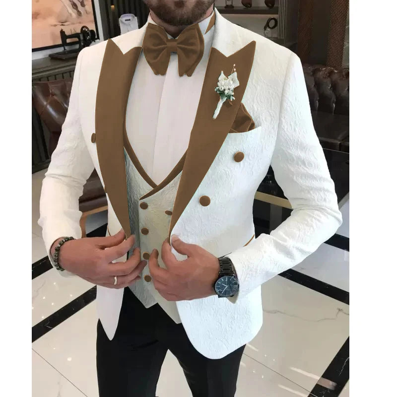 Floral Wedding Suits for Men Double Breasted Jacket with Vest Pants 3 Pieces Peak Lapel Groom Tuxedo Male Fashion Suit