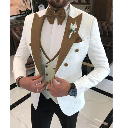 Floral Wedding Suits for Men Double Breasted Jacket with Vest Pants 3 Pieces Peak Lapel Groom Tuxedo Male Fashion Suit