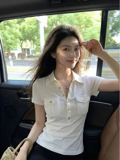 American Retro White  Collar Short Sleeve T-Shirt Women Summer Slimming Waist Short Style Spicy Girl Top Cotton Blend