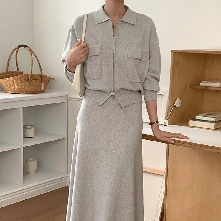 Korean Style Women's Fashion Short Knitted Top High Waist Skirt Sweater Two-Piece Set Chic Autumn Wear for Adults