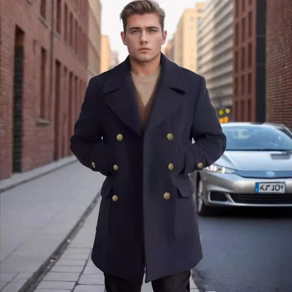 Business Green Men Tweed Jacket Trench Coat Party Mid-length Overcoat Double-breasted Spring Autumn Coat Design Men's Clothing