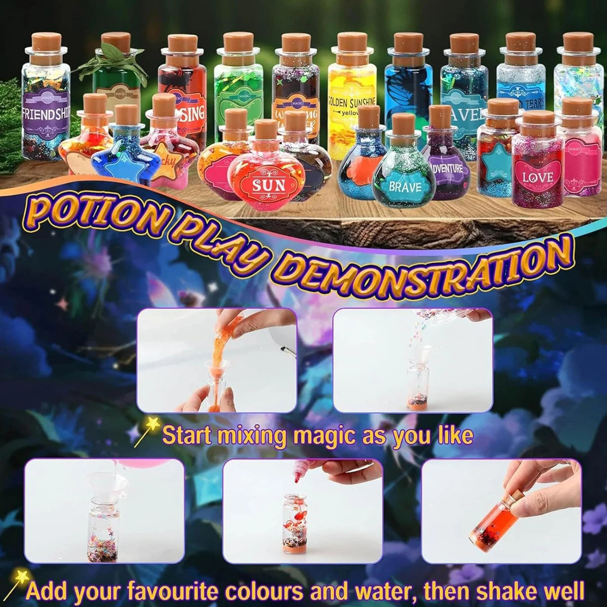 DIY Magic Potion Making Kit - 22 Bottles, Glitter & Decorations, Creative Craft Set for Kids' Magical Play