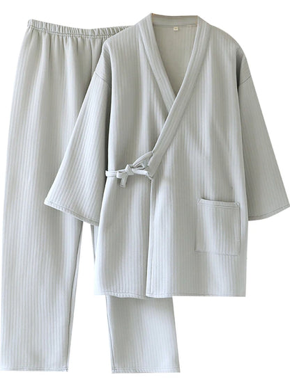 Thickened Cotton Kimono Style Men's Sleepwear Air Layer Home Clothes Autumn Winter Home Stay Air Conditioned Room Unisex