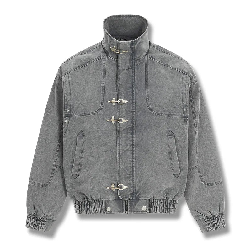 Mens Denim Jacket American Vintage Heavy Washed Distressed Workwear Stand Collar Streetwear Trendy High Quality Hip Hop Casual