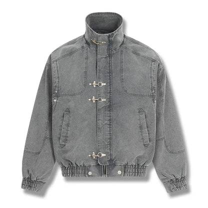 Mens Denim Jacket American Vintage Heavy Washed Distressed Workwear Stand Collar Streetwear Trendy High Quality Hip Hop Casual