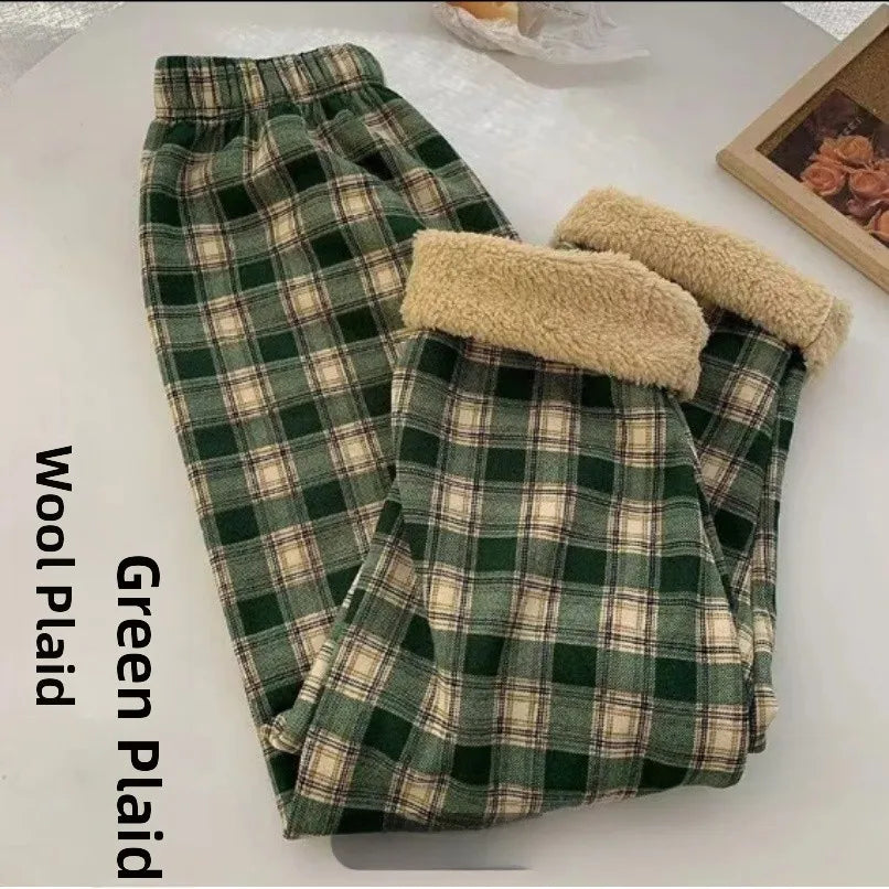Thickened Fleece Straight Leg Pants Winter New Style Lamb Velvet Plaid Women's High Waist Warm Casual Wide Leg Pants