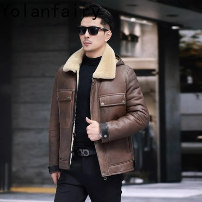 YOLANFAIRY Luxury 2025 Winter Natural Fur Coat Man Real Sheepskin Leather Jacket Men Detachable Hood Warm Wool Fur Coats Jackets