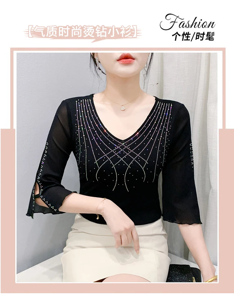 2026 Spring Summer Mesh Tops Korean Fashion Diamond T Shirt Slim 3/4 Sleeve Hollow Out Casual Women Shirt