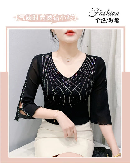2026 Spring Summer Mesh Tops Korean Fashion Diamond T Shirt Slim 3/4 Sleeve Hollow Out Casual Women Shirt