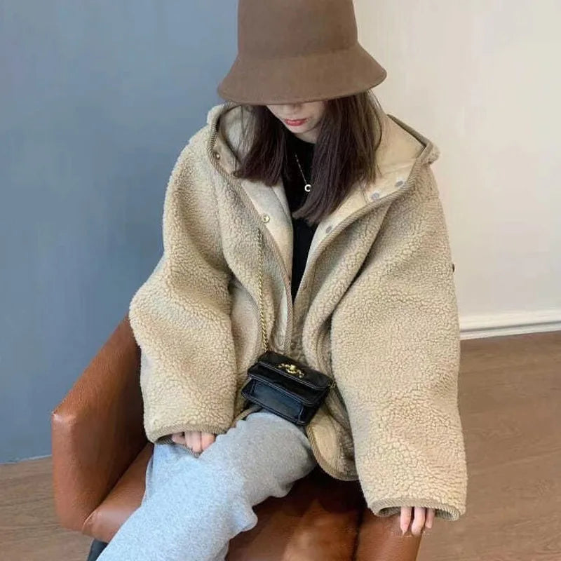 Women's Loose Fit Button up Lamb Fur Hooded Jacket Autumn Winter Fashion Slimming Versatile Top Small Size Korean Style