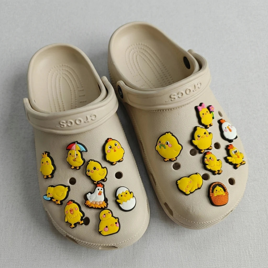 20Pcs Cartoon Chicken PVC Sandals Garden Shoe Charms Decoration Clogs Pins Hole Slipper Accessories Backpack Kid Holiday Gift