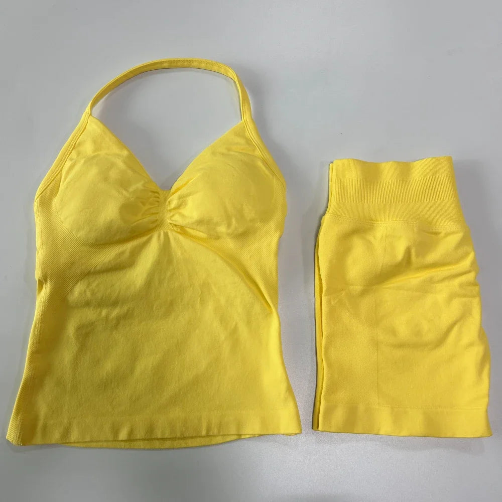 2 Pieces Sports Set Women Backless Tank Yoga Tops High Waist Scrunch Seamless Shorts Sport Gym Set Sportswear Workout Set