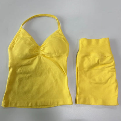 2 Pieces Sports Set Women Backless Tank Yoga Tops High Waist Scrunch Seamless Shorts Sport Gym Set Sportswear Workout Set