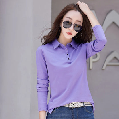 Autumn New In Basic T Shirt Long Sleeve Cotton Plus Size Cotton Polo T- Shirt Women Button Casual Office Lady Formal Women Tops
