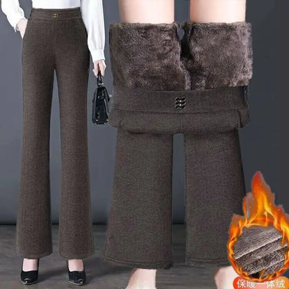 Women's Woolen Flared Pants High Waist Elastic Polyester Fiber Warm Casual Trousers for Autumn Winter 2025 New Style