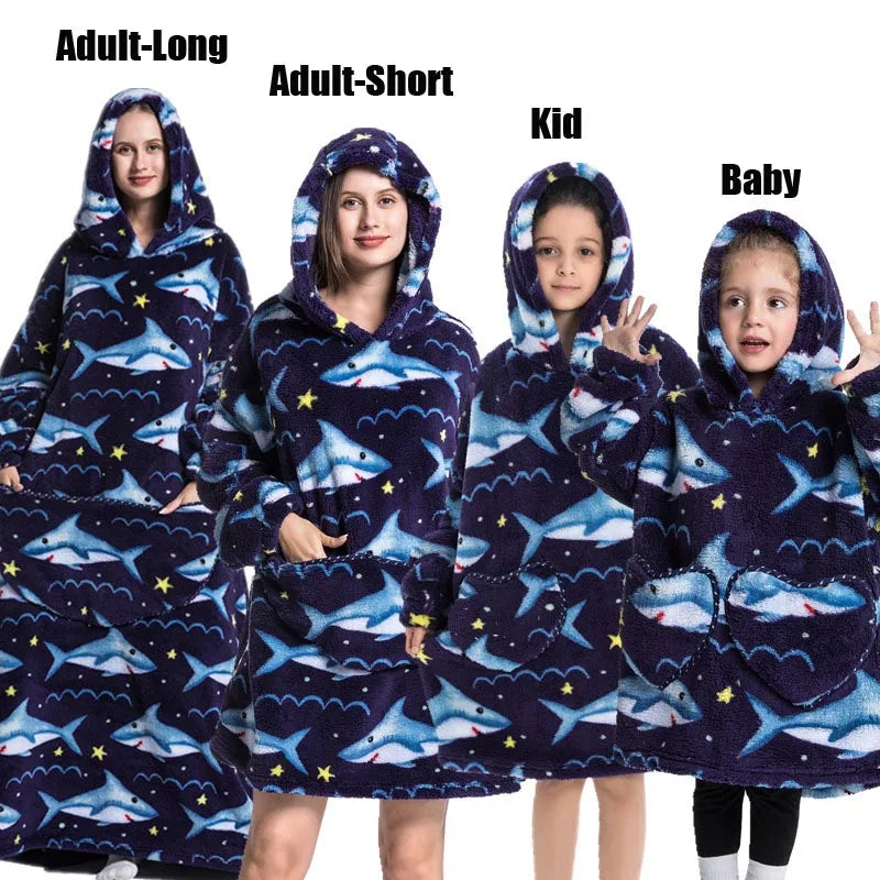 Halloween Family Matching Blanket Hoodies Women Cartoon Bear Dinosaur Sweatshirts Adult Oversized Warm Pullover Winter Clothes