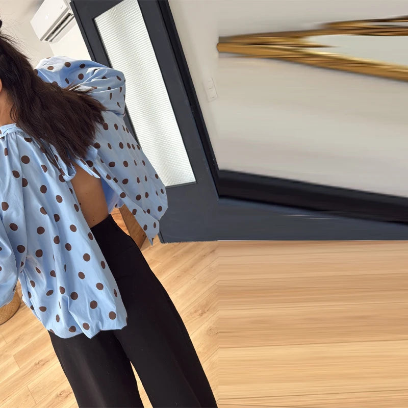 2026 New Women's Two-tone Polka Dot Shirt Mandarin Collar Puff Sleeve Backless Lace-up Spring Summer Loose Casual Fashion Top
