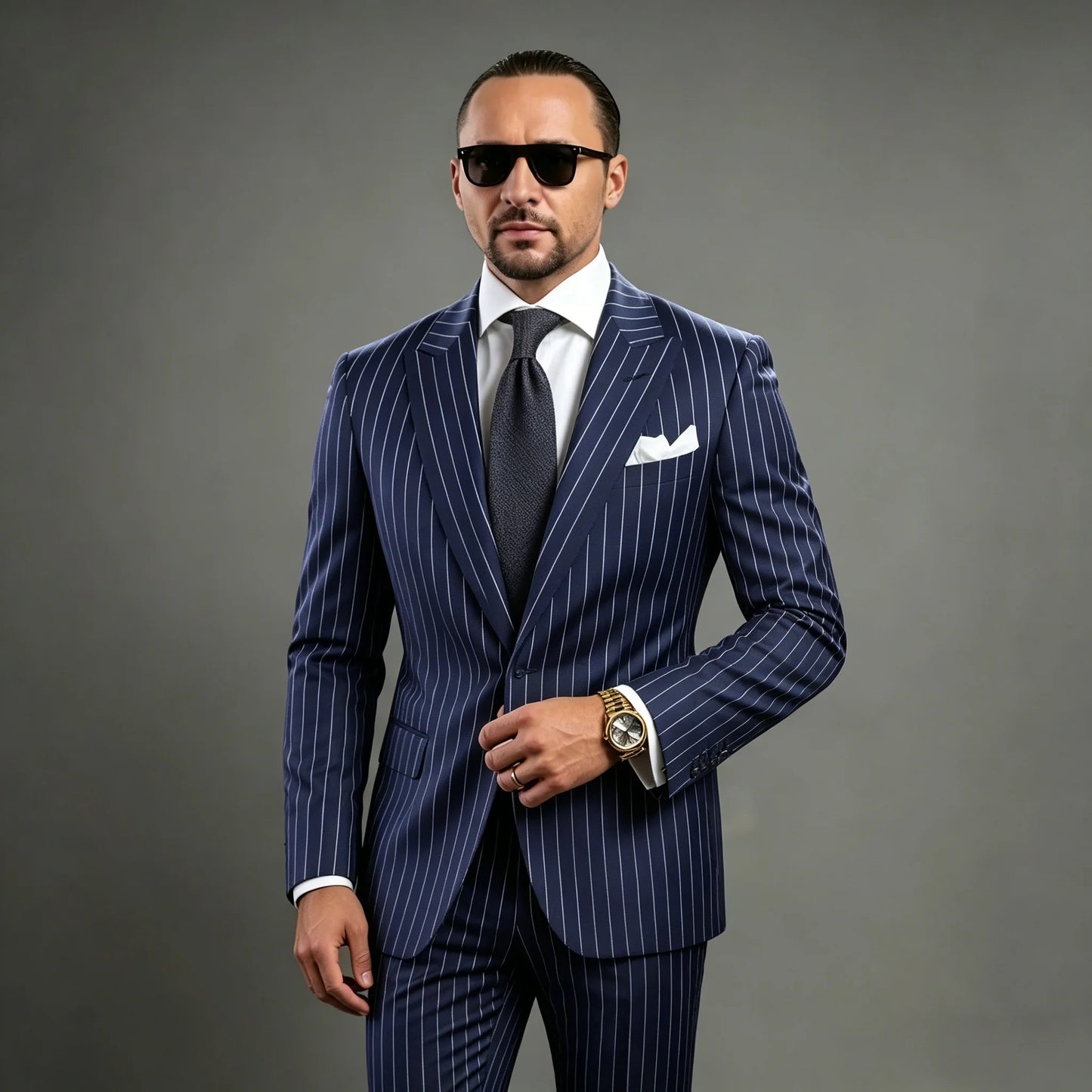 Navy Blue Pinstripe Men's Suits Fashion Peaked Lapel Two Buttons Groom Wedding Business Prom Party Male Suit (Jacket+Pants)