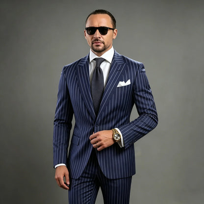 Navy Blue Pinstripe Men's Suits Fashion Peaked Lapel Two Buttons Groom Wedding Business Prom Party Male Suit (Jacket+Pants)