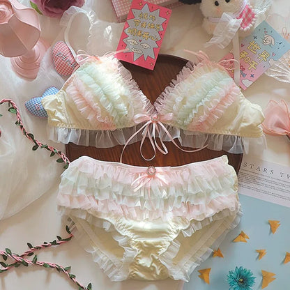Japanese Style Lolita Princess Lingerie Set Women Pure Desire Cake Layer Lace Mesh Cotton Crotch Party Bra  Panty Set Soft Cute