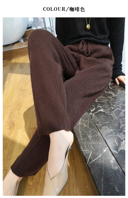 100% mink wool knitted high-waisted pencil pants women's casual autumn and winter new warm solid color thick cashmere pants